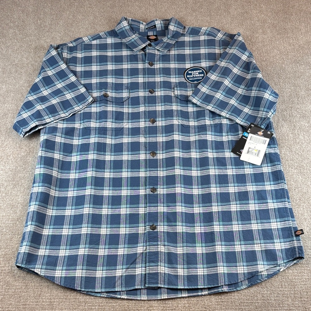 Dickies Men's Relaxed Fit Blue/White Plaid Short Sleeve Button Up Shirt L NWT
